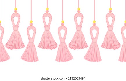 Vector seamless border pattern. Cute tassels from yarn or tread, with beads on cords. Horizontal endless divider, perfect for girls room, baby girl greeting cards, or girlish design. Powder pink color