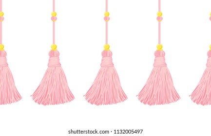 Vector seamless border pattern. Cute tassels from yarn or tread, with beads on cords. Horizontal endless divider, perfect for girls room, baby girl greeting cards, or girlish design. Powder pink color