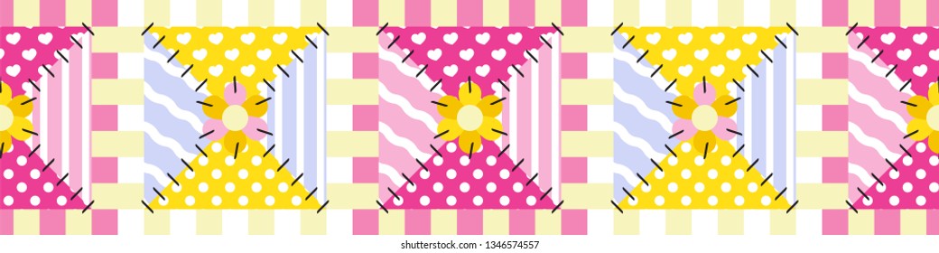 Vector seamless border pattern. Cute patchwork, quilt design. Colored funny patches with different ornament, stitched with threads and ribbons. Abstract texture, textile background, flap decoration 