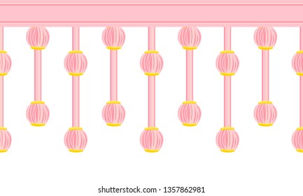 Vector seamless border pattern. Cute round tassels from bundle yarn with golden beads. Powdery pink colors, tender shades, perfect for girl room, greeting cards, celebrating. Horizontal endless border