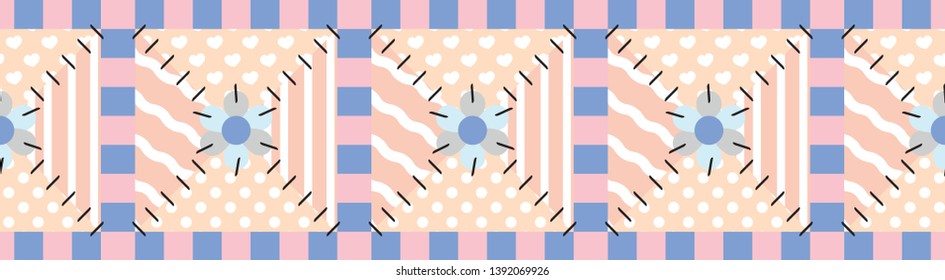 Vector seamless border pattern. Cute patchwork, quilt design. Abstract patches with different ornament, stitched with threads. Perfect for textile, texture, kids background, flap decoration