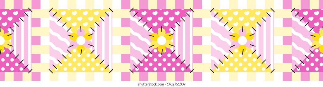 Vector seamless border pattern. Cute patchwork, quilt design. Colored funny patches with different ornament, stitched with threads and ribbons. Abstract texture, textile background, flap decoration 