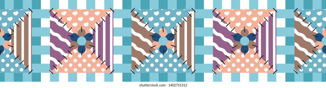 Vector seamless border pattern. Cute patchwork, quilt design. Colored funny patches with different ornament, stitched with threads and ribbons. Abstract texture, textile background, flap decoration 