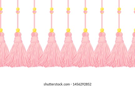 Vector seamless border pattern. Cute tassels from yarn or tread, with beads on cords. Horizontal endless divider, perfect for girls room, baby girl greeting cards, or girlish design. Powder pink color