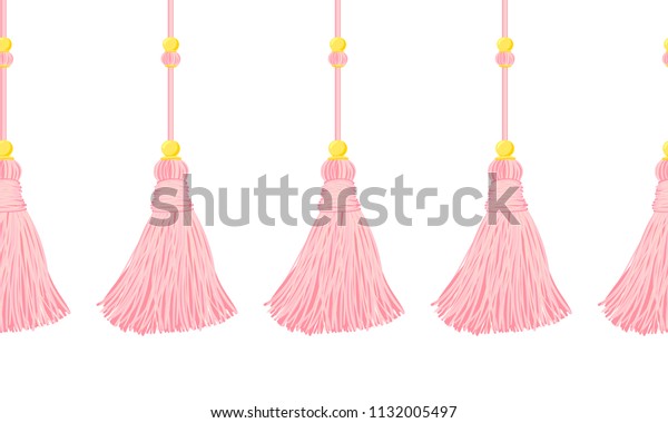 Vector seamless border pattern. Cute tassels from\
yarn or tread, with beads on cords. Horizontal endless divider,\
perfect for girls room, baby girl greeting cards, or girlish\
design. Powder pink\
color