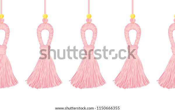 Vector seamless border pattern. Cute tassels from\
yarn or tread, with beads on cords. Horizontal endless divider,\
perfect for girls room, baby girl greeting cards, or girlish\
design. Powder pink\
color