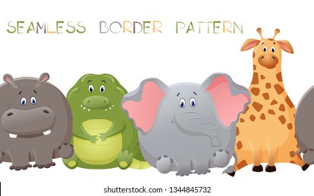 Vector seamless border pattern with elephant, giraffe, crocodile, and hippopotamus. Cute fat cartoon character. The concept of fun design for clothing and interior. Simple comic animal personage.