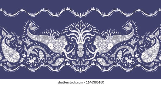 Vector seamless border pattern. Fantasy mermaid, octopus, fish, sea animals beige silhouette with ornaments on a dark indigo blue background. Batik, wallpaper fringe, textile print, wrapping paper