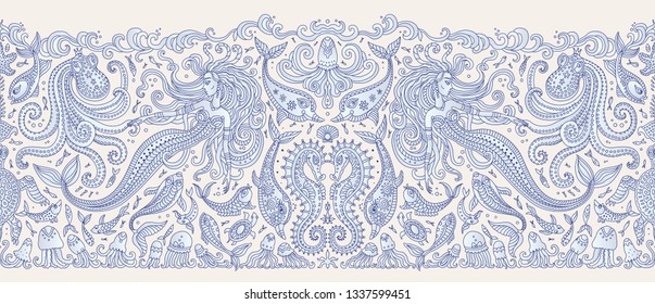 Vector seamless Border pattern. Fantasy mermaid, octopus, fish, sea animals dark blue contour thin line drawing on a beige background. Embroidery, wallpaper, textile print, wrapping paper