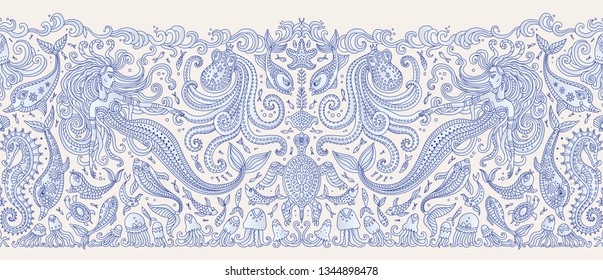 Vector seamless Border pattern. Fantasy mermaid, octopus, fish, sea animals dark blue contour thin line drawing on a beige background. Embroidery, wallpaper, textile print, wrapping paper