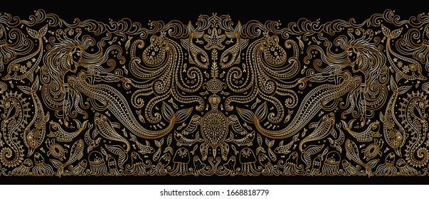 Vector seamless border pattern. Fantasy mermaid, octopus, fish, sea animals gold contour thin line drawing on a black background. Embroidery border, wallpaper, textile print, wrapping paper