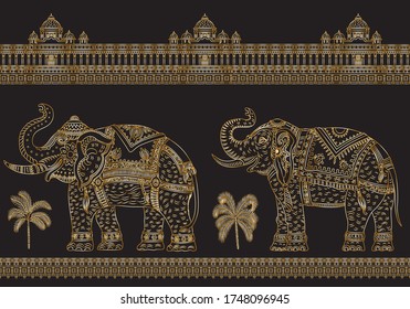 Vector seamless border pattern with fantasy ornate Indian elephant, tropical palm tree, antique architecture temple. Metallic gold thin line, ethnic ornaments on black background. T-shirt print.Batik 