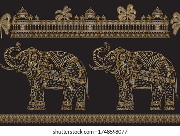 Vector seamless border pattern with fantasy ornate Indian elephant, tropical palm tree, antique architecture temple. Metallic gold thin line, ethnic ornaments on black background. T-shirt print.Batik 