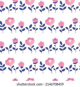Vector seamless border pattern in floral cute design. Lovely colorful ornaments for frames and background in cartoon naive flat style. Childish illustration in a hand-drawn style