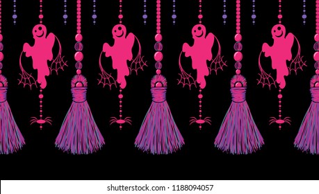 Vector seamless border pattern for Halloween design. Funny ribbons with tassels from yarn or tread, and cute ghosts, bats and spiders. Perfect for cards, borders, headers and horizontal dividers
