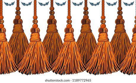 Vector seamless border pattern for Halloween design. Horizontal ribbons and tassels from yarn or tread with beads, ropes and cute bat mouse. Festive orange color theme, perfect for Halloween borders