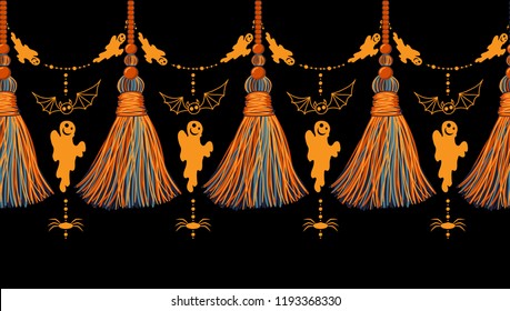 Vector seamless border pattern for Halloween design. Funny ribbons with tassels from yarn or tread, and cute ghosts, bats and spiders. Perfect for cards, borders, headers and horizontal dividers