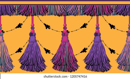 Vector seamless border pattern for Halloween design.  Funny cartoon ribbons with tassels, flat style, and cute ghosts, spooks. Bright lilac, violet, neon pink colors, perfect for cards, borders
