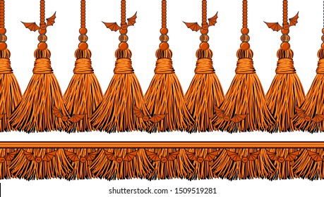 Vector seamless border pattern for Halloween design. Horizontal ribbons and tassels from yarn or tread with beads, ropes and cute bat mouse. Festive orange color theme, perfect for Halloween borders