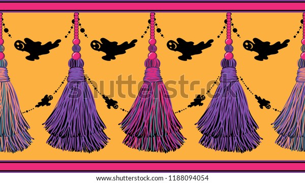 Vector seamless border pattern for Halloween\
design.  Funny cartoon ribbons with tassels, flat style, and cute\
ghosts, spooks. Bright lilac, violet, neon pink colors, perfect for\
cards, borders