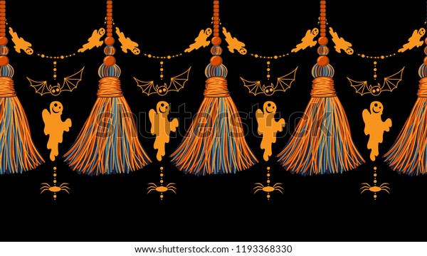 Vector seamless border pattern for Halloween
design. Funny ribbons with tassels from yarn or tread, and cute
ghosts, bats and spiders. Perfect for cards, borders, headers and
horizontal dividers