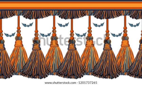 Vector seamless border pattern for Halloween\
design. Horizontal ribbons and tassels from yarn or tread with\
beads, ropes and cute bat mouse. Festive orange color theme,\
perfect for Halloween \
borders