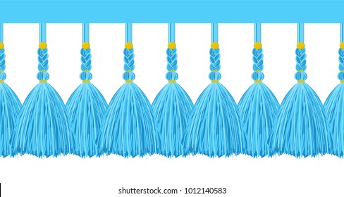 Vector seamless border pattern.  Horizontal border consist from cute tassels with beads, breads, strings, rope. Colorful threads, yarns, perfect for background design. Lovely and bright blue color