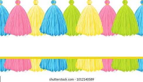 Vector seamless border pattern.  Horizontal border consist from cute lush tassels. Colorful threads, yarns, perfect for background design. Vibrant blue, pink, yellow, green colors