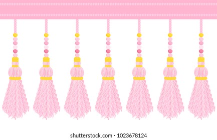 Vector seamless border pattern.  Horizontal border, beautiful pink colors, perfect for girls room, cards, celebrate decor, background. Cute tassels from thread, yarn with beads, breads, strings, rope
