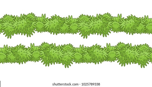 Vector seamless border pattern, horizontal line. Foliage garland, cute grass, or green bushes. Flat simple style, elements for spring design. Ribbon from grass or herbals