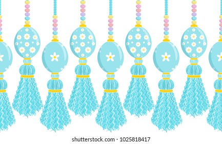 Vector seamless border pattern. Horizontal border, divider with cute Eastern eggs on yarn, thread tassels. Perfect for Eastern greeting cards, backgrounds, decoration. Pastel colors