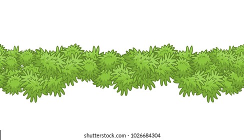 Vector seamless border pattern, horizontal line. Foliage garland, cute grass, or green bushes. Flat simple style, elements for spring design. Ribbon from grass or herbals