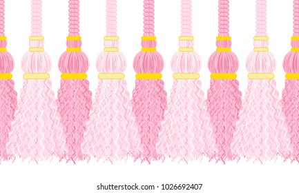 Vector seamless border pattern.  Horizontal border, beautiful pink colors, perfect for girls room, cards, celebrate decor, background. Cute tassels from thread, yarn with beads, breads, strings, rope