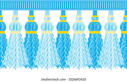 Vector seamless border pattern.  Horizontal border, beautiful blue colors, perfect for boys room, cards, celebrate decor, background. Cute tassels from thread, yarn with beads, breads, strings, rope