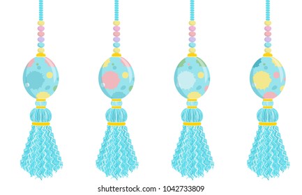 Vector seamless border pattern. Horizontal border, divider with cute Eastern pendant eggs, colored beads on yarn, thread tassels. Perfect for Eastern greeting cards, backgrounds, decoration 