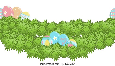 Vector seamless border pattern, horizontal line. Foliage garland, with Eastern eggs, hiding in grass, or green bushes. Flat simple style, elements for spring design. Ribbon from grass or herbals