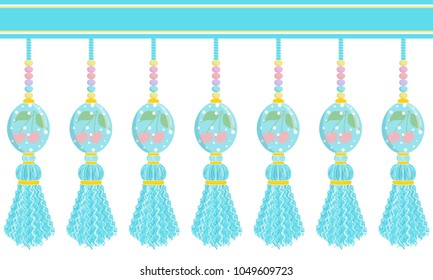 Vector seamless border pattern. Horizontal border, divider with cute Eastern eggs on yarn, thread tassels. Perfect for Eastern greeting cards, backgrounds, decoration. Pastel colors
