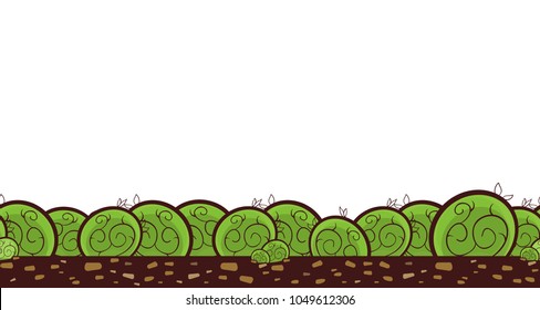 Vector seamless border pattern, horizontal line. Cute grass, or green bushes with earth, ground. Flat simple style, elements for spring design. Ribbon from grass, turf, lawn, herbals 