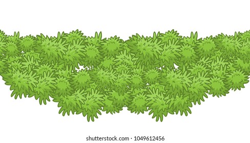 Vector seamless border pattern, horizontal line. Foliage garland, cute grass, or green bushes. Flat simple style, elements for spring design. Ribbon from grass or herbals