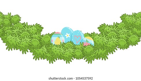 Vector seamless border pattern, horizontal line. Foliage garland, with Eastern eggs, hiding in grass, or green bushes. Flat simple style, elements for spring design. Ribbon from grass or herbals
