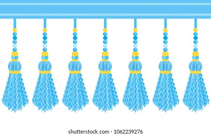 Vector seamless border pattern.  Horizontal border, beautiful blue colors, perfect for boys room, cards, celebrate decor, background. Cute tassels from thread, yarn with beads, breads, strings, rope