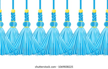 Vector seamless border pattern. Horizontal tassels from yarn or tread with beads and braid on cords, flat macrame style. Bright blue colors, abstract design