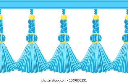 Vector seamless border pattern. Horizontal tassels from yarn or tread with beads and braid on cords, flat macrame style. Bright blue colors, abstract design