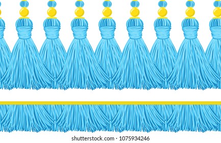 Vector seamless border pattern. Horizontal tassels from yarn or tread with beads, flat macrame style. Bright blue colors, perfect for wallpaper, room, greeting cards, celebrating