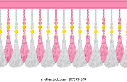 Vector seamless border pattern. Horizontal tassels from yarn or tread with beads, flat macrame style. Punchy pink colors, perfect for wallpaper, room, greeting cards, celebrating