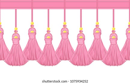 Vector seamless border pattern. Horizontal tassels from yarn or tread with beads, flat macrame style. Punchy pink colors, perfect for wallpaper, room, greeting cards, celebrating