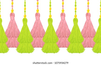 Vector seamless border pattern. Horizontal deep green tassels from green straw or yards, treads. Bright, colorful summer design, perfect for ribbons, dividers, greeting cards, celebrate decoration