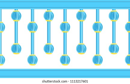 Vector seamless border pattern. Horizontal bundle tassels from yarn or tread with golden beads. Shades of bright blue color, perfect for boys design, kids room, greeting cards, celebrating design