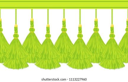 Vector seamless border pattern. Horizontal deep green tassels from yarn or tread with beads and braid on cords, flat macrame style. Abstract design
