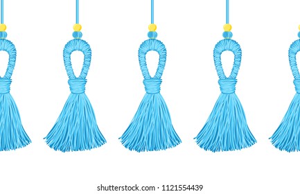 Vector seamless border pattern. Horizontal tassels from yarn or tread with beads on cords. Shades of bright blue color, perfect for boys design, kids room, greeting cards, celebrating design